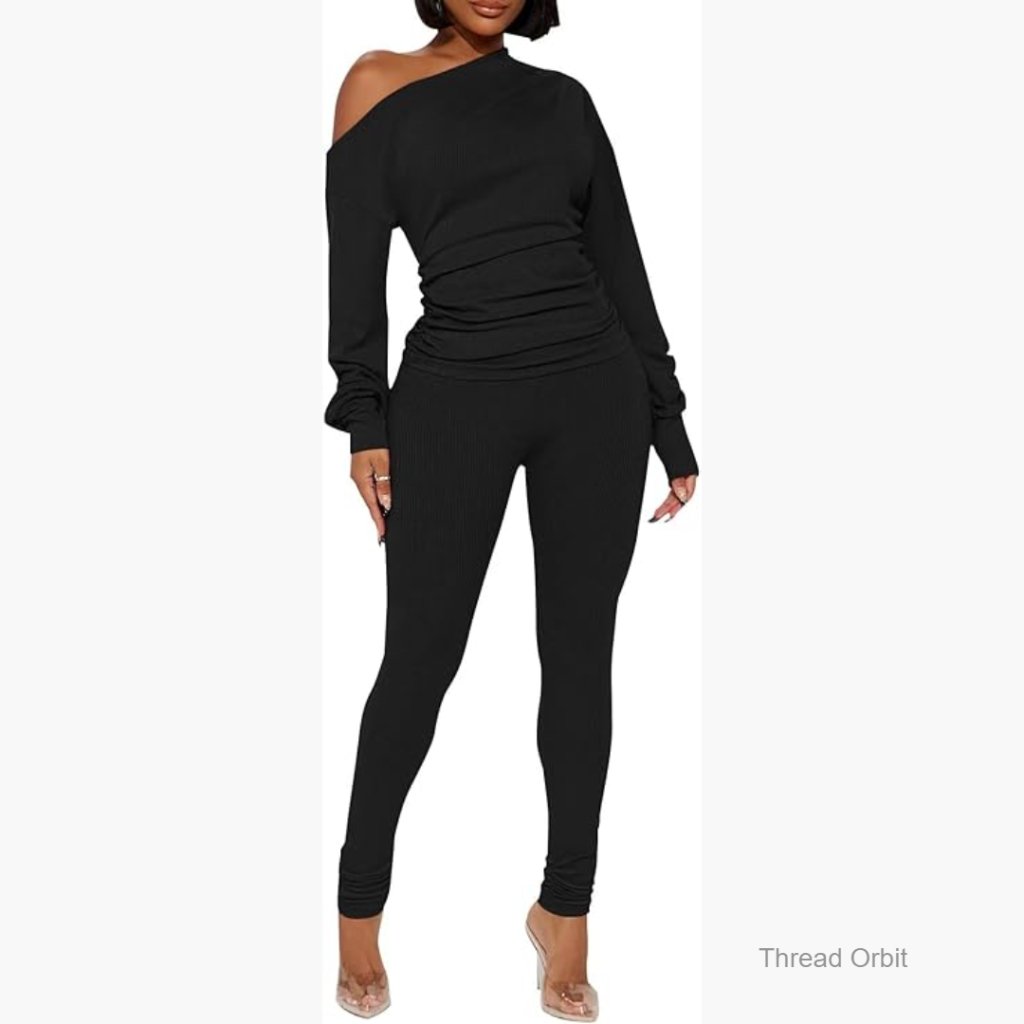 Ribbed Knit Two Piece Set Off Shoulder Tracksuit Workout Clubwear